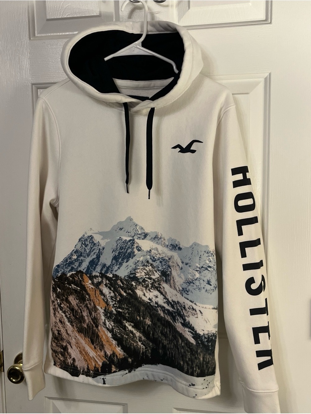 Men Hollister Hoodie Cream W/ Mountain Forest Graphic Art Logo Fleece Lined Med